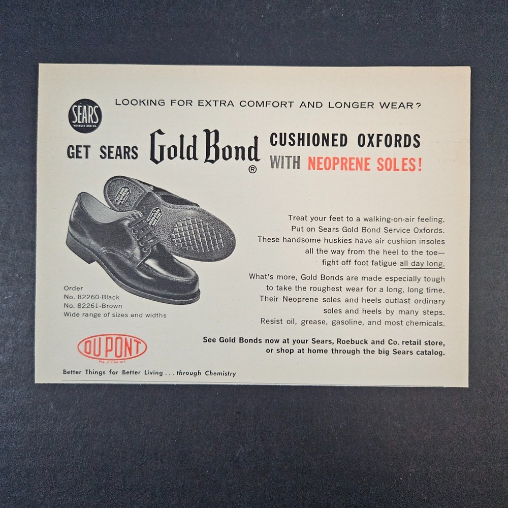 1964 DuPont Sears Gold Bond Cushioned Oxford Shoes Vintage Print Ad Neoprene